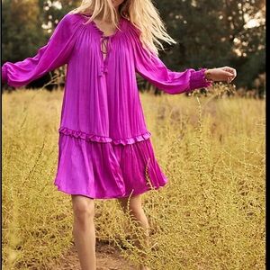 Anthropologie Pink Tiered Midi Dress with Bishop Sleeves